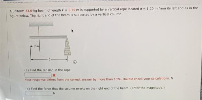 Solved A uniform 33.0-kg beam of length l = 5.75 m is | Chegg.com