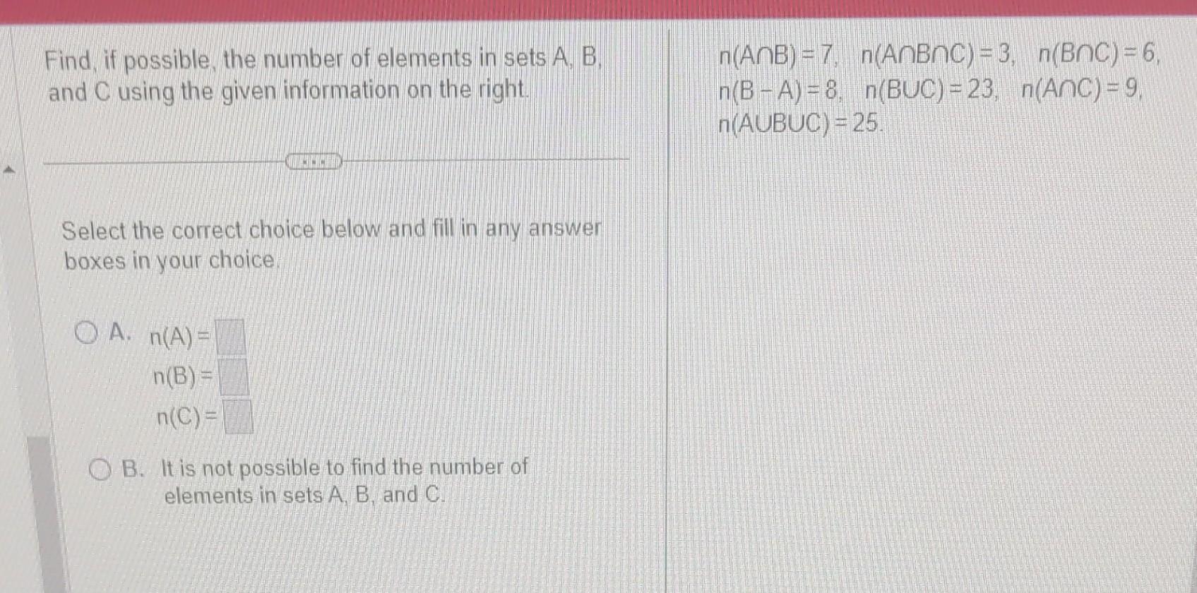 Solved Find, if possible, the number of elements in sets A, | Chegg.com