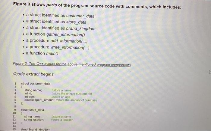 Figure 3 shows parts of the program source code with comments, which includes:
- a struct identified as customer_data
- a str