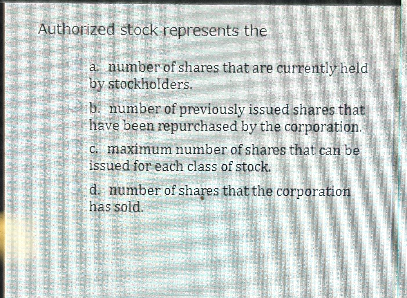Solved Authorized stock represents thea. ﻿number of shares