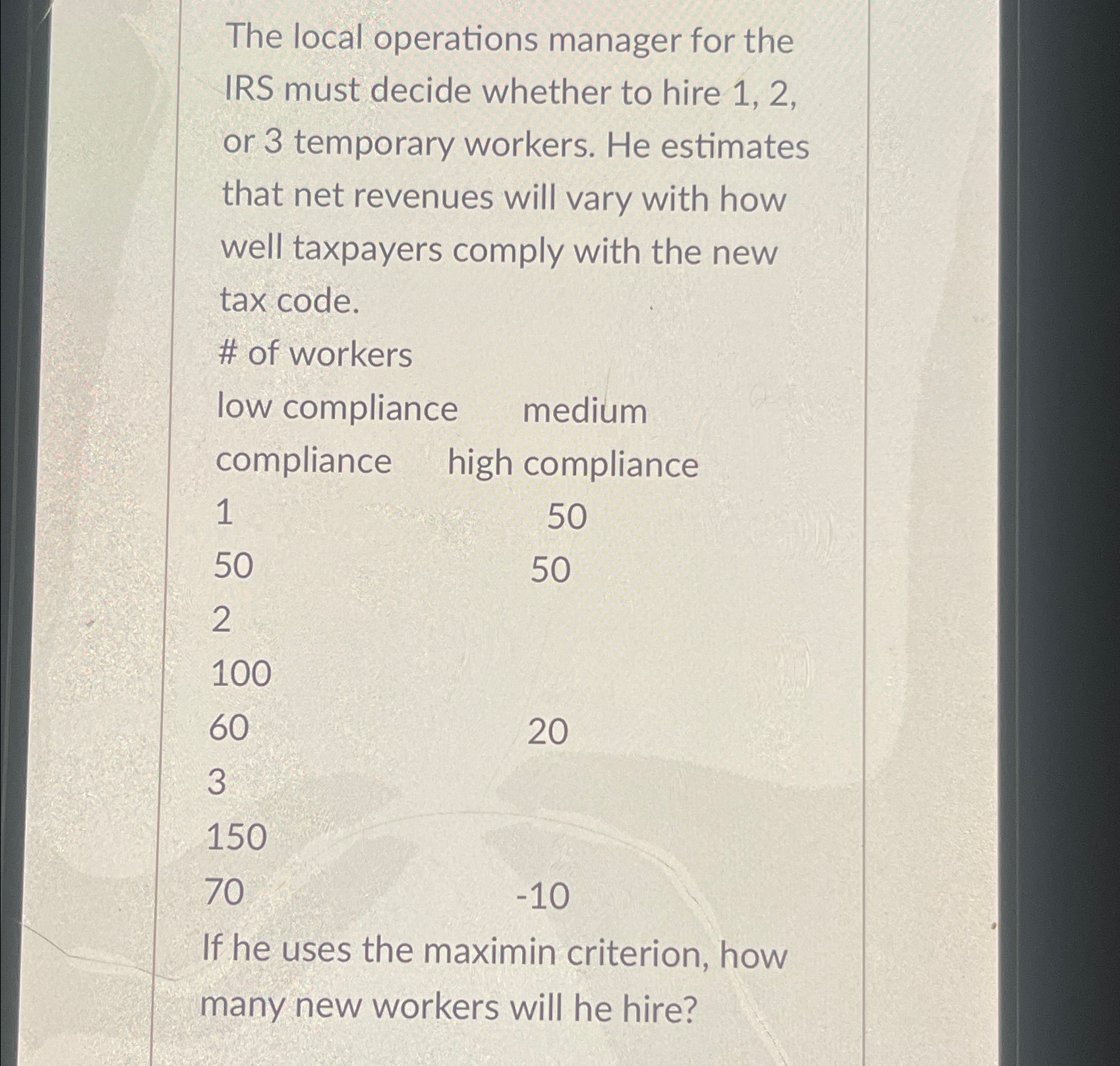 Solved The local operations manager for the IRS must decide | Chegg.com