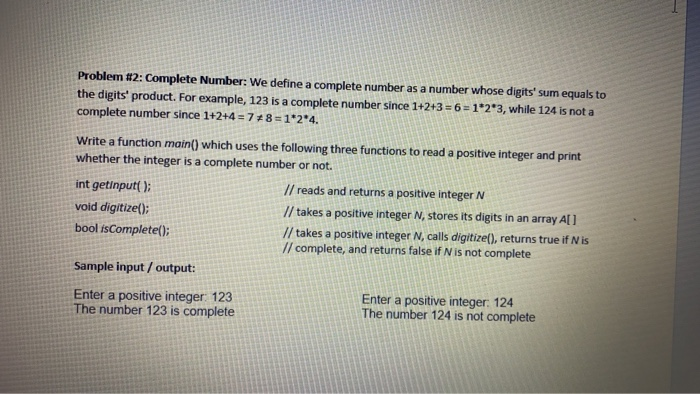 Solved Problem #2: Complete Number: We define a complete | Chegg.com