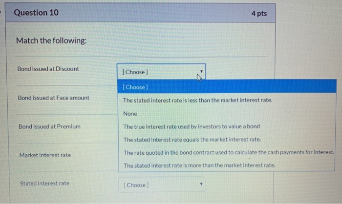Solved Question 10 4 pts Match the following: Bond issued at | Chegg.com