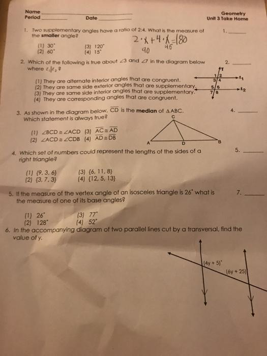 Solved Name Period Date 1. 45 2. 5/6 7/8 Geometry Unit 3 | Chegg.com