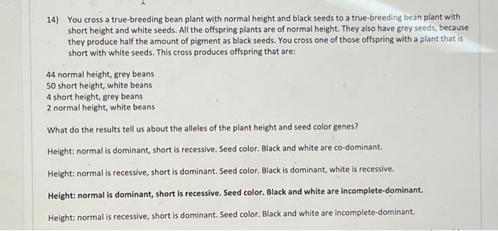 Solved 14) You cross a true-breeding bean plant with normal | Chegg.com