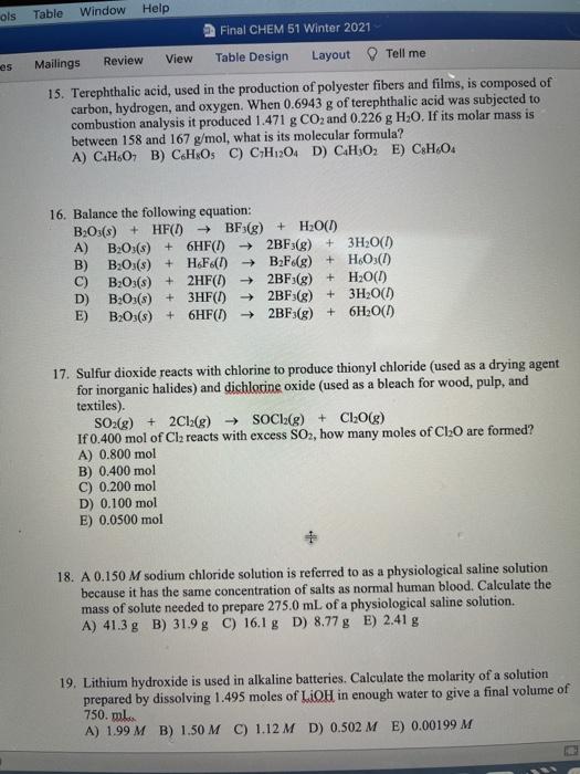 Solved Mat Tools Table Window Help Final Chem 51 Winter 2 Chegg Com
