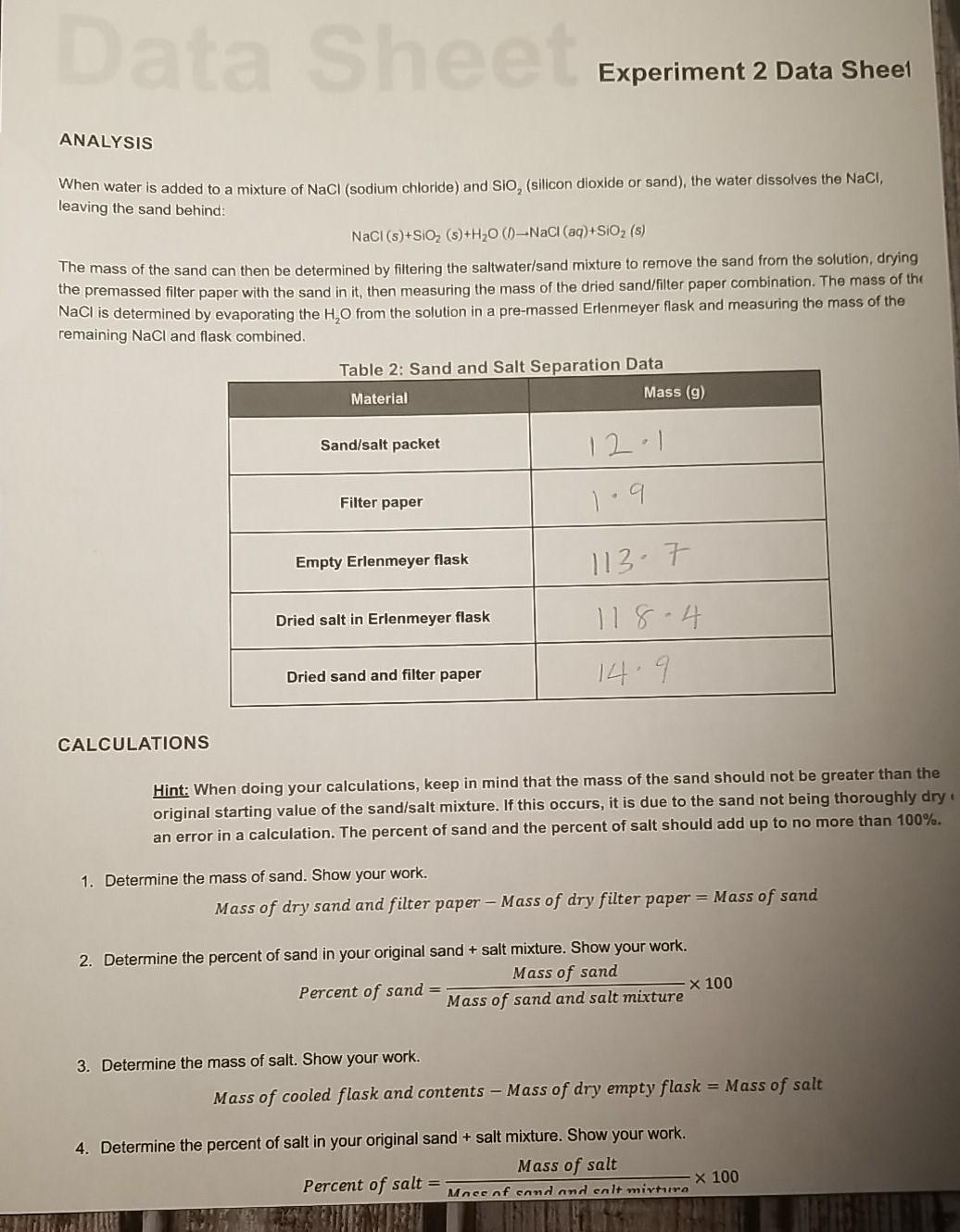 Solved Dat Shee Experiment 2 Data Sheet ANALYSIS When water | Chegg.com