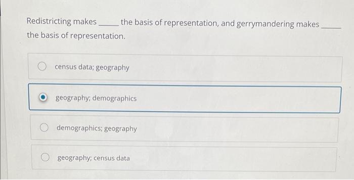 Solved Redistricting Makes The Basis Of Representation, And | Chegg.com