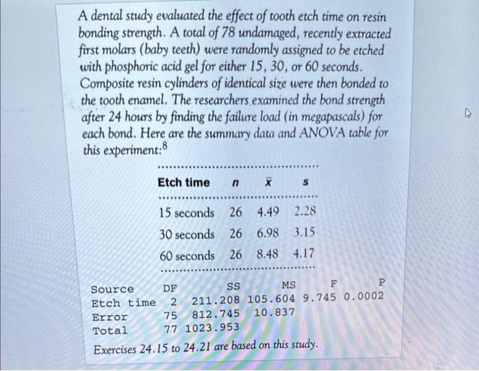 Solved A dental study evaluated the effect of tooth etch | Chegg.com