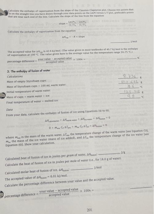 Solved Calculate the enthalpy of vaporization from the slope | Chegg.com