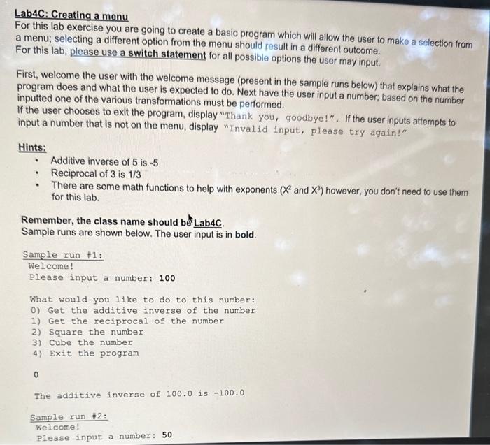 Solved Lab4C: Creating a menu For this lab exercise you are | Chegg.com