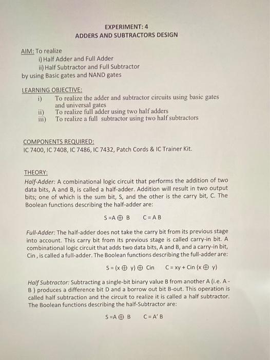 full adder and full subtractor experiment