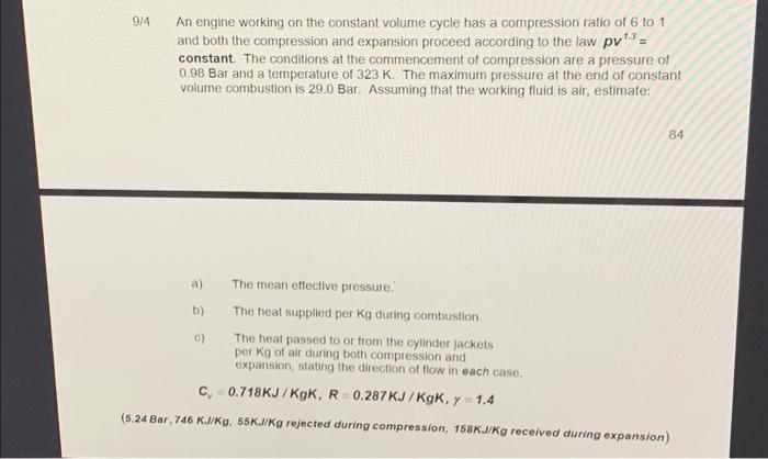Solved 9/4 1.3 An engine working on the constant volume | Chegg.com
