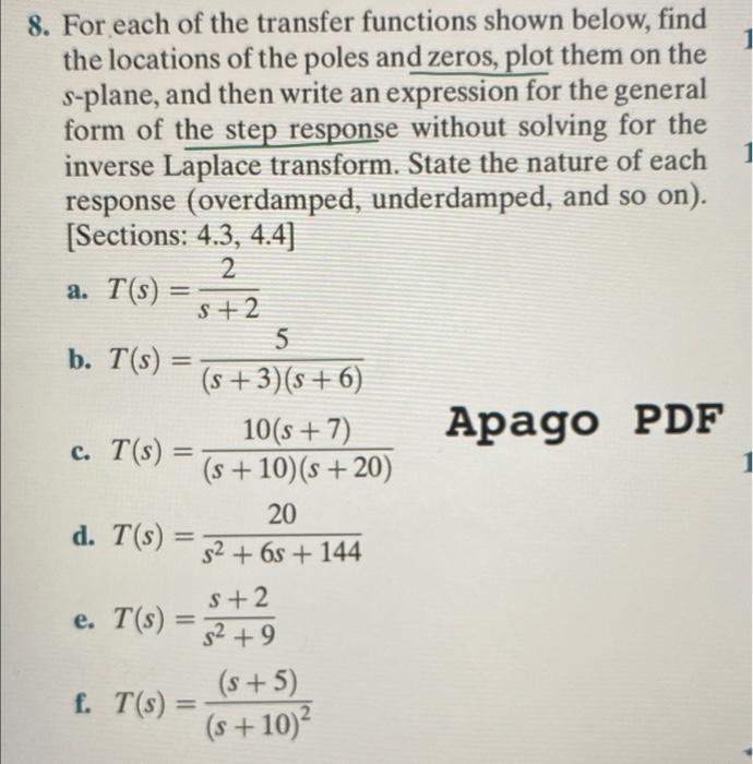 Solved 1 8. For each of the transfer functions shown below, | Chegg.com
