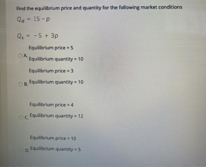 Solved Find the equilibrium price and quantity for the | Chegg.com