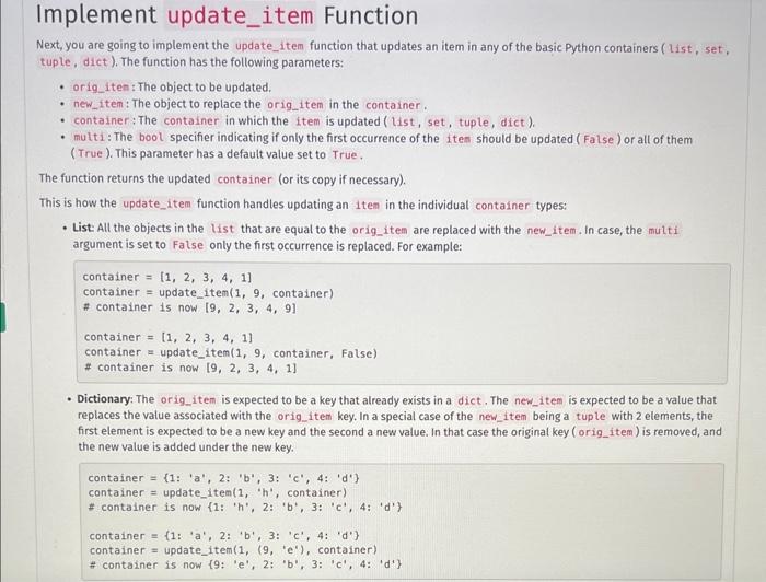 Solved lext, you are going to implement the update_item | Chegg.com
