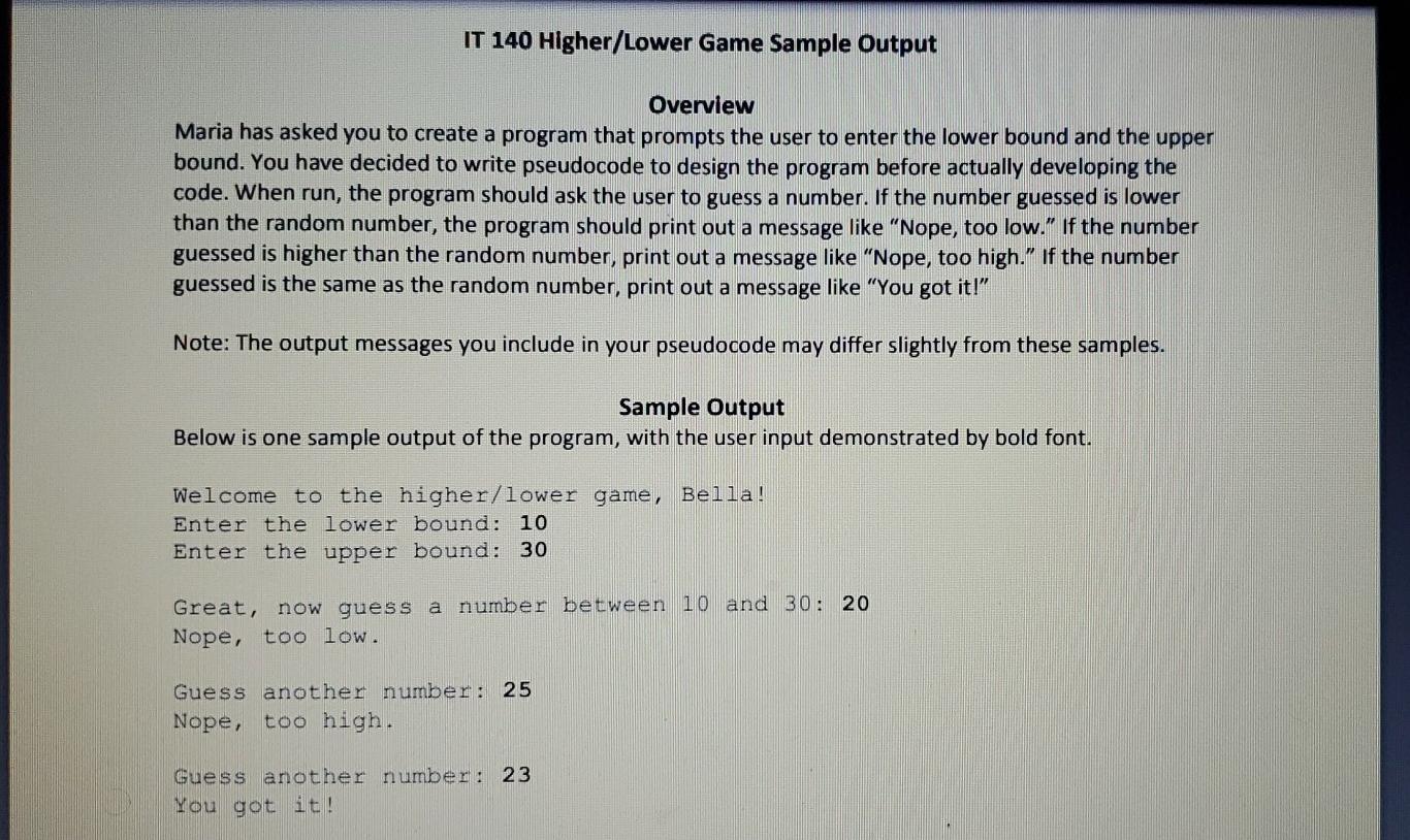 Solved VO 1. Review the Higher/Lower Game Sample Output for | Chegg.com