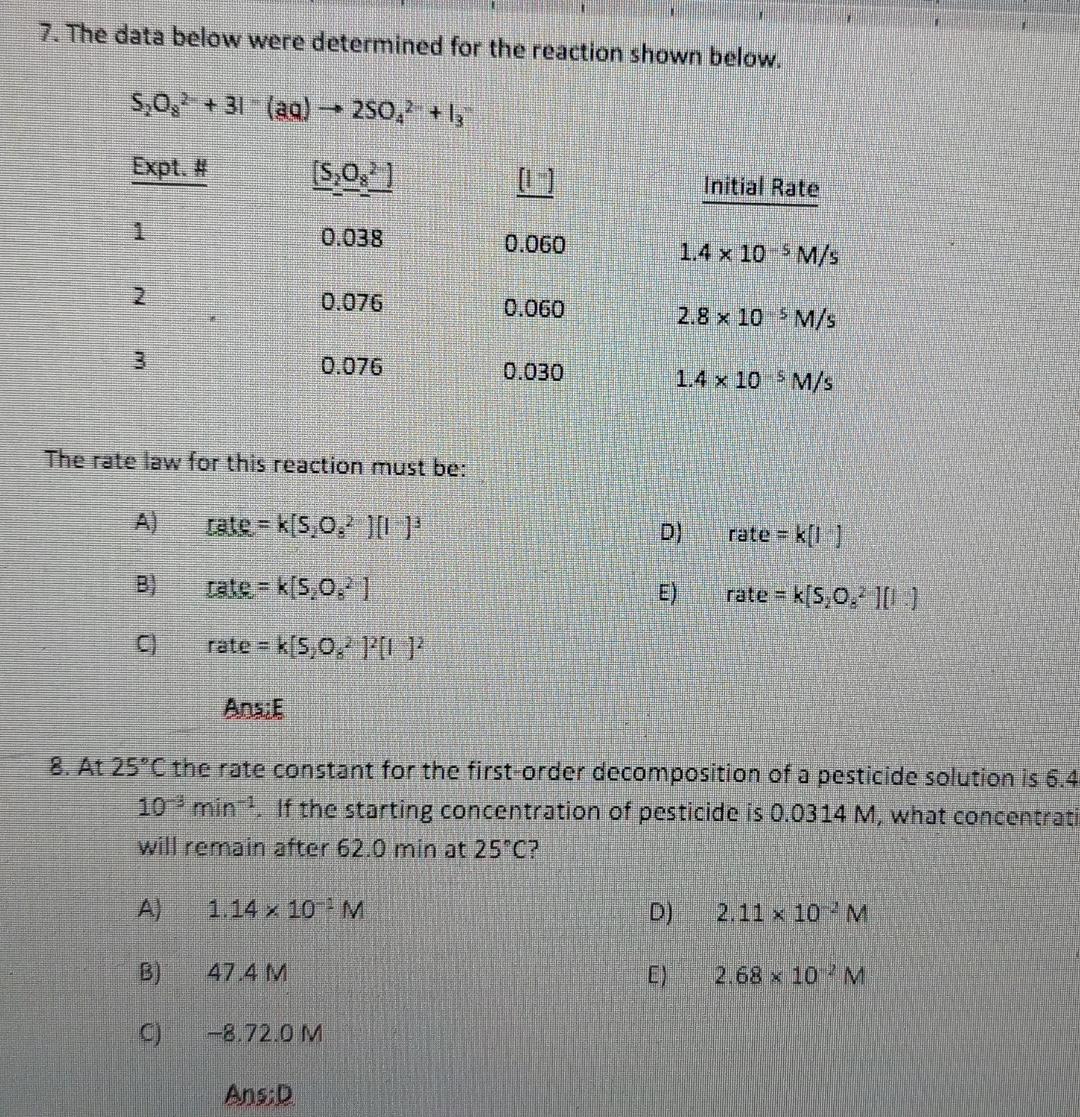 Solved 7. The data below were determined for the reaction | Chegg.com