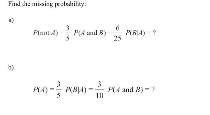 Solved Find the missing probability: a) 6 P(not A) 3 5 P(A | Chegg.com