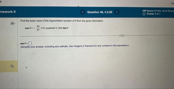 Solved Find The Exact Value Of The Trigonometric Function Of | Chegg.com