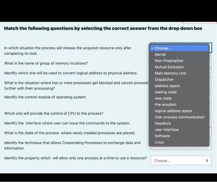 Solved Match the following questions by selecting the | Chegg.com
