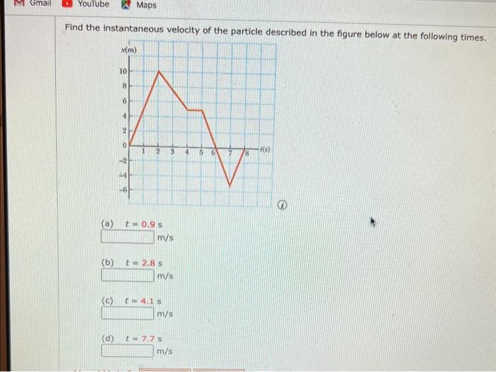 Find the instantaneous velocity of the particle described in the figure below at the following times.
D
(a) \( t=0.9 \mathrm{