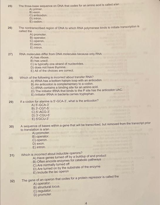 Solved 25) The three-base sequence on DNA that codes for an | Chegg.com