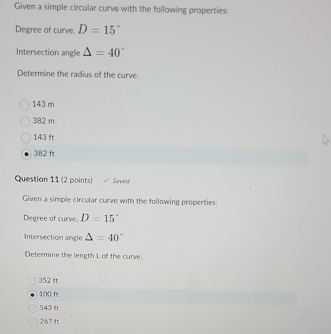 Solved Degree of curve, D=15∘ Intersection angle Δ=40∘ | Chegg.com