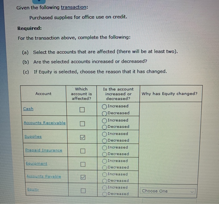 Solved Given the following transaction Purchased supplies