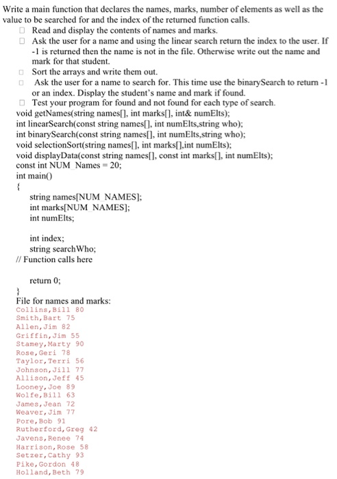 (Solved) : C Write Main Function Declares Names Marks Number Elements ...