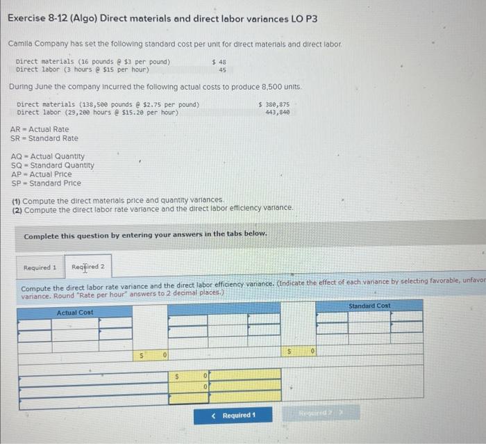 Solved Exercise 8-12 (Algo) Direct Materials And Direct | Chegg.com