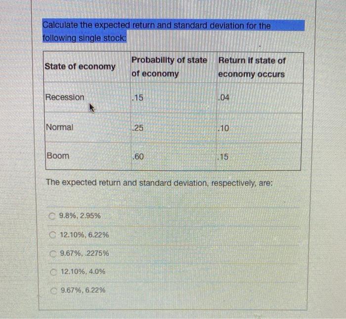 Solved Calculate the expected return and standard deviation | Chegg.com