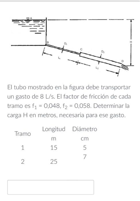 El tubo mostrado en la figura debe transportar un gasto de \( 8 \mathrm{~L} / \mathrm{s} \). El factor de fricción de cada tr