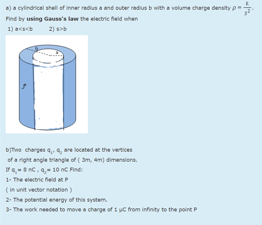 Solved a) ﻿a cylindrical shell of inner radius a and outer | Chegg.com