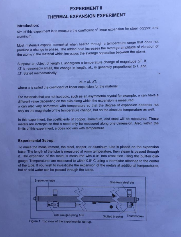 Solved EXPERIMENT II THERMAL EXPANSION EXPERIMENT