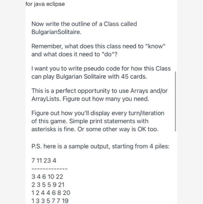 Solved for java eclipse Now write the outline of a Class | Chegg.com