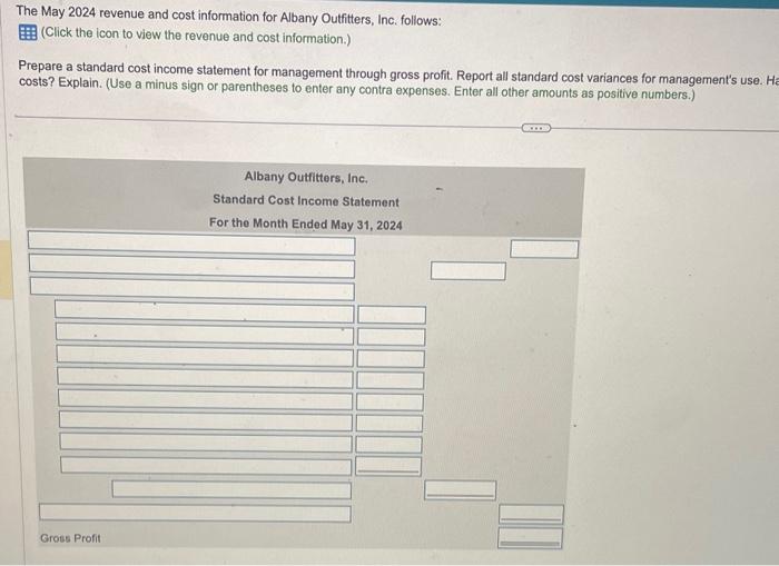 Solved The May 2024 Revenue And Cost Information For Albany Chegg Com   Image