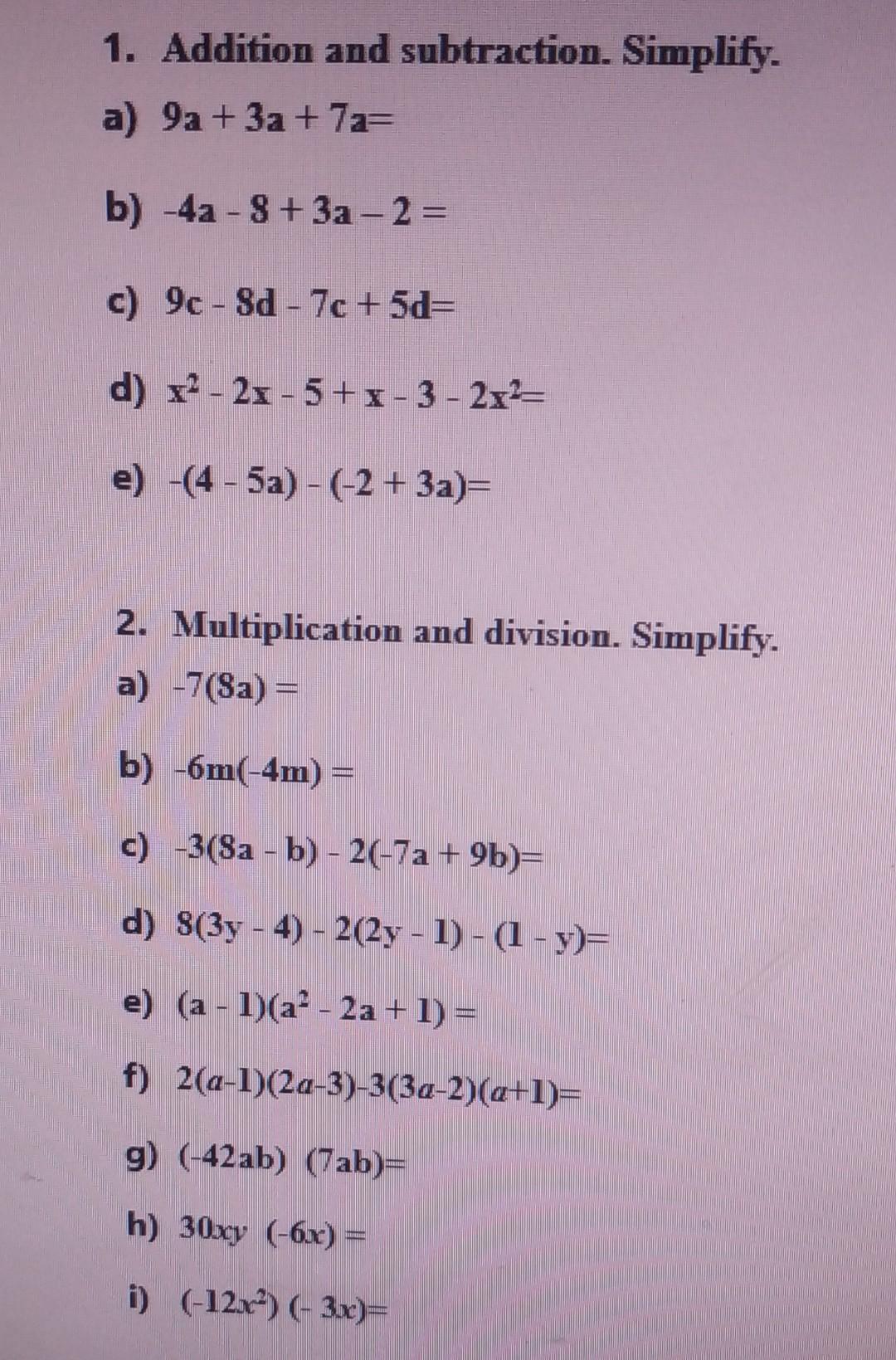 Solved 1. Addition and subtraction. Simplify. a) 9a+3a +7a= | Chegg.com