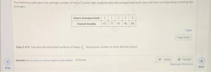 The following table gives the average number of hours 5 junior high students were left unsupervised each day and their corres