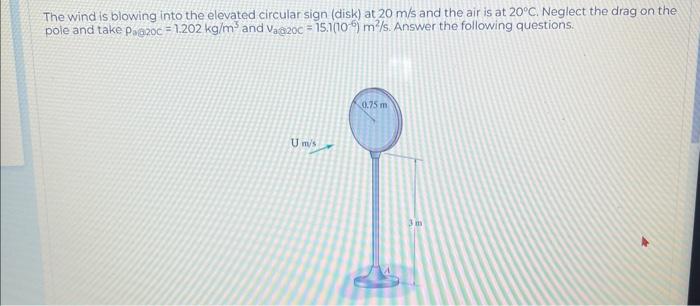 The wind is blowing into the elevated circular sign (disk) at \( 20 \mathrm{~m} / \mathrm{s} \) and the air is at \( 20^{\cir