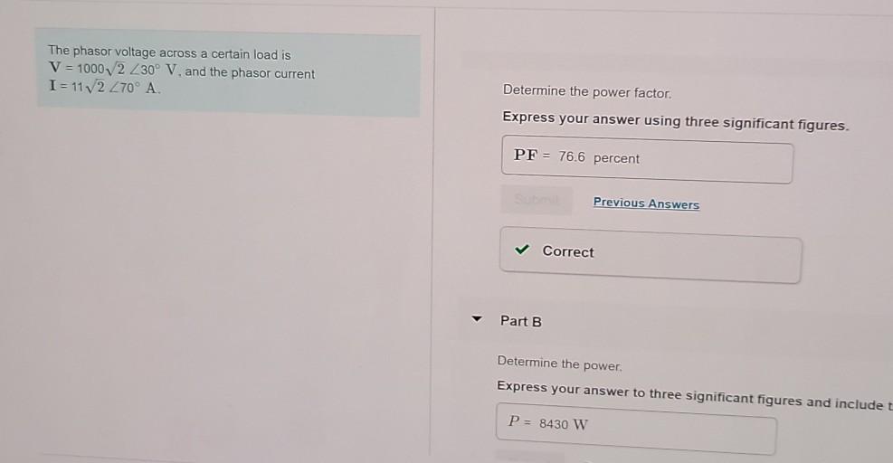 Solved The phasor voltage across a certain load is V = 10002 | Chegg.com