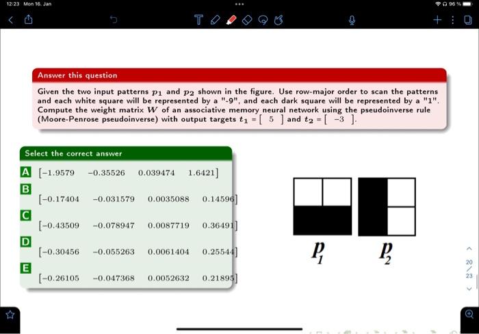 Answer this question
Given the two input patterns \( \boldsymbol{p}_{1} \) and \( \boldsymbol{p}_{2} \) shown in the figure.