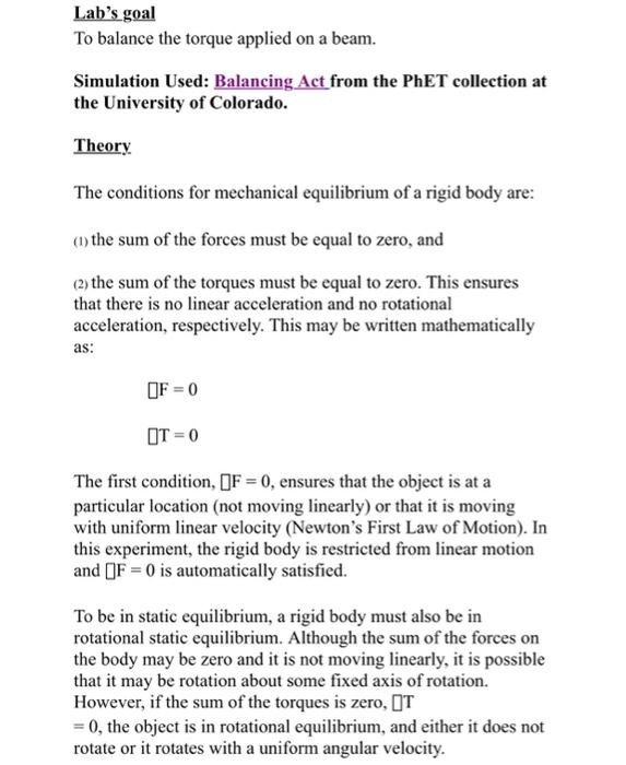 Solved Lab's goal To balance the torque applied on a beam.