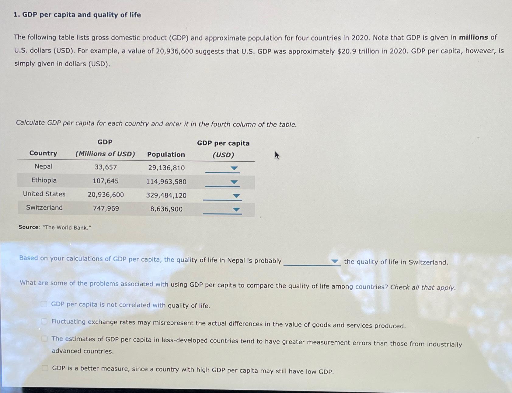 Solved GDP per capita and quality of lifeThe following table | Chegg.com