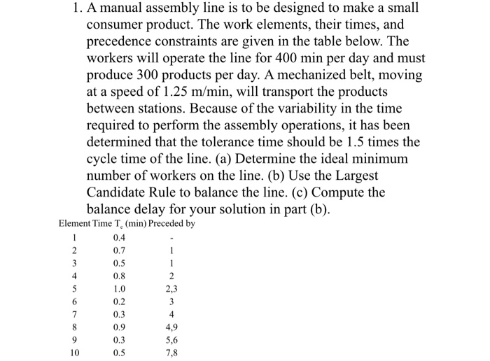1. A manual assembly line is to be designed to make a | Chegg.com