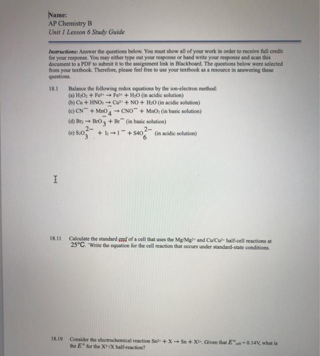 Solved Name: AP Chemistry B Unit 1 Lesson 6 Study Guide | Chegg.com