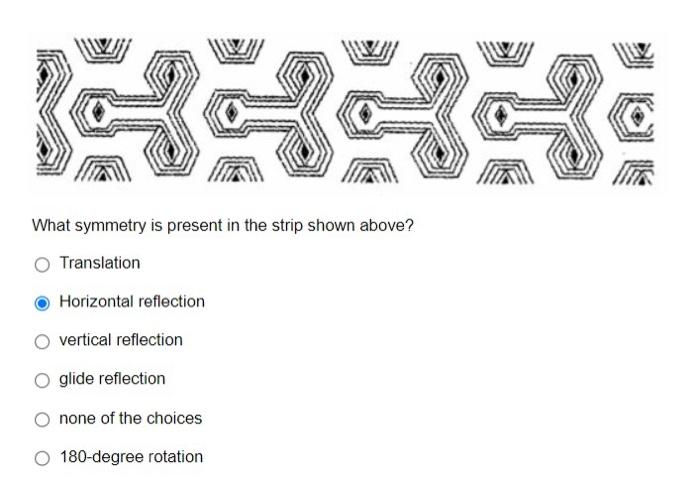 What symmetry is present in the strip shown above?
Translation
Horizontal reflection
vertical reflection
glide reflection
non