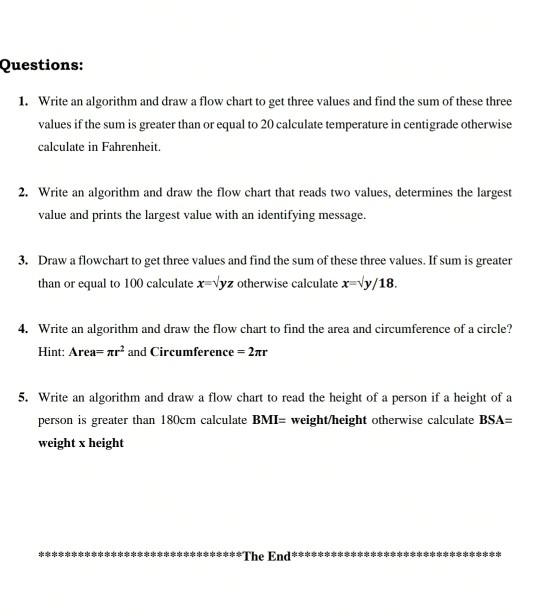 Solved Questions: 1. Write an algorithm and draw a flow | Chegg.com