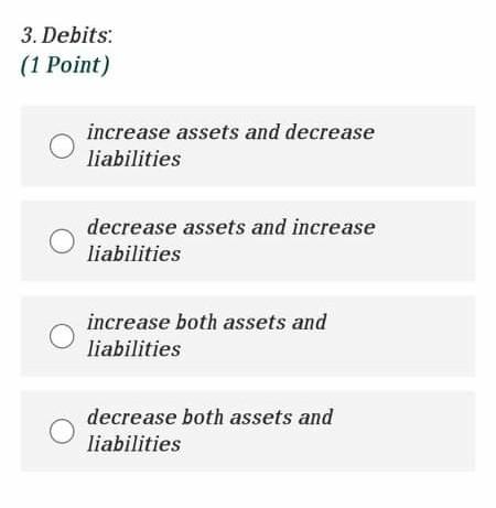 Solved 3. Debits: (1 Point) increase assets and decrease | Chegg.com