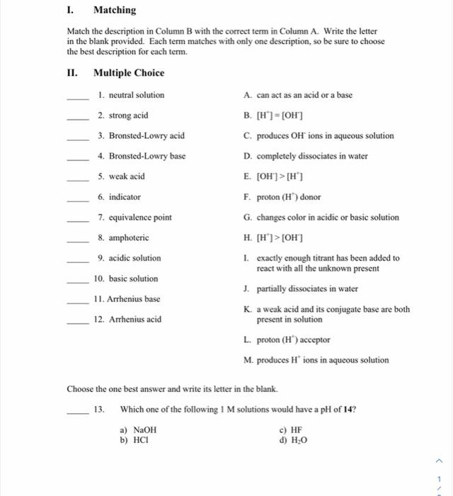 Solved I. Matching Match the description in Column B with | Chegg.com